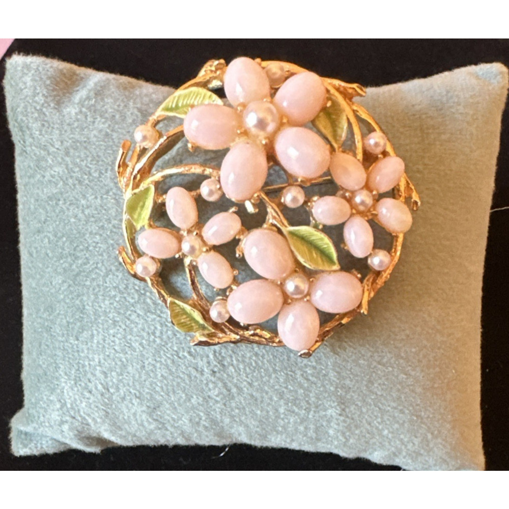 Vtg ART brooch‎ faux pearl pink flower green enamel Arthur Pepper 1960s EUC